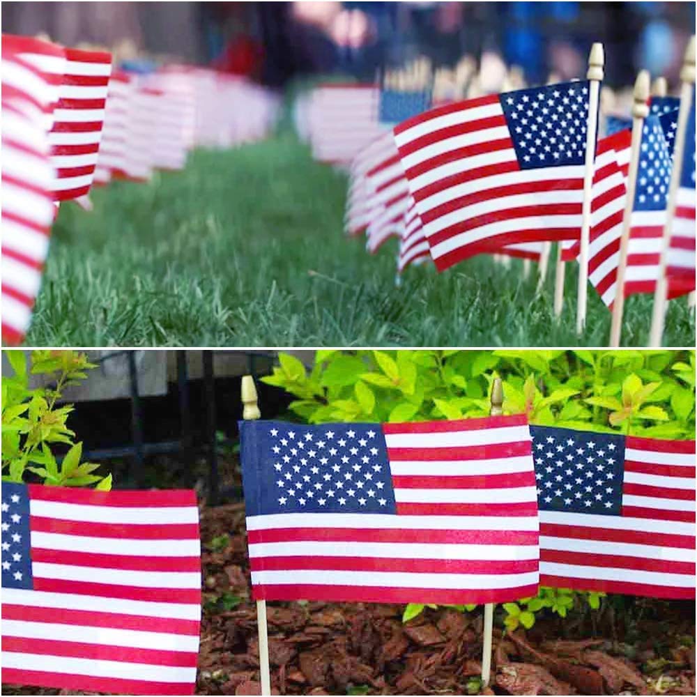 100 Pack Small American Flags on Stick, 4x6 Inch Small US Flags/American Flags for Outside, Mini Hand Held Stick Flags, Memorial Day,250 Anniversary, 4th of July Decorations,Patriotic Decorations