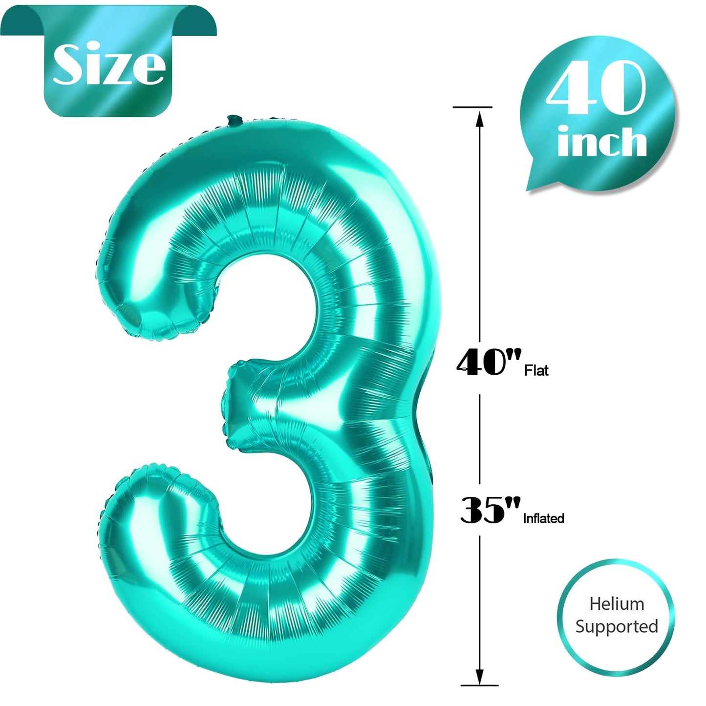Teal Blue 3 Balloon, Number Balloons 40 Inch, 3rd Birthday Decorations for Kids Girls Women Party Supplies for Party Decorations, Number 3 Balloon