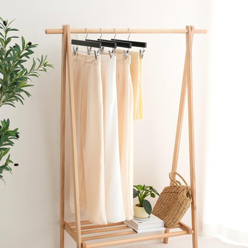 BAGAIL 20 Pack Wooden Pants Hangers with Adjustable Clips, 360°Swivel Hook Space Saving Skirt Holders with Anti-Rust Clips for Trousers, Jeans, Shorts (Black)