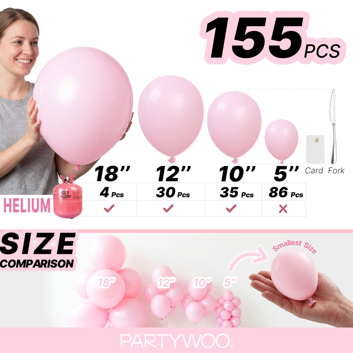 PartyWoo Light Pink Balloons 155pcs Different Sizes of 18 12 10 5 Inch Pastel Pale Baby Pink Balloon Arch Kit Garland for Baby Shower Bachelorette Bridal Shower Birthday Party Decorations Pink-Y48