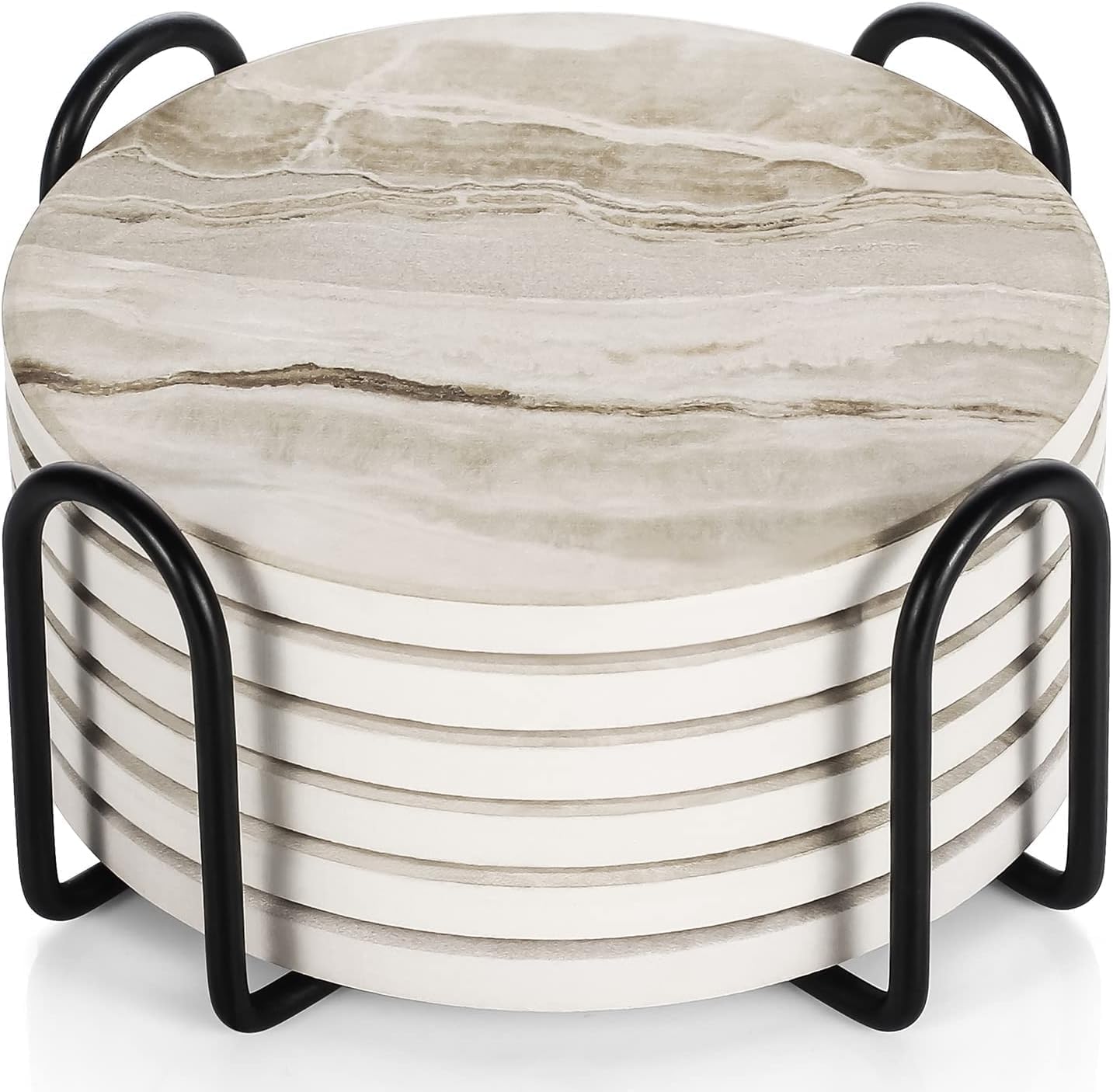Ehigta Coasters Set of 6, Absorbent Drink Coaster with Holder, Marble Style Ceramic Stone Coasters for Drinks Coffee Tabletop Protection, Modern Furniture Coaster for Home Decor House Warming Gifts