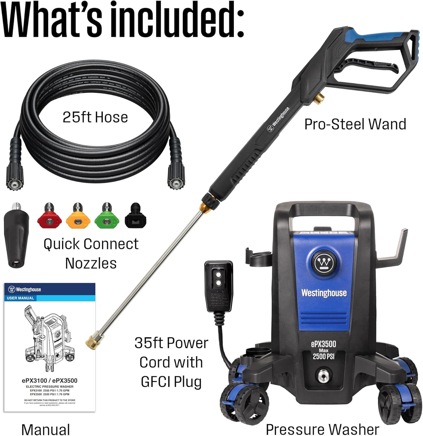 Westinghouse ePX3500 Electric Pressure Washer - 2500 PSI, 1.76 GPM, Anti-Tipping Tech, Onboard Soap Tank, Pro Steel Wand