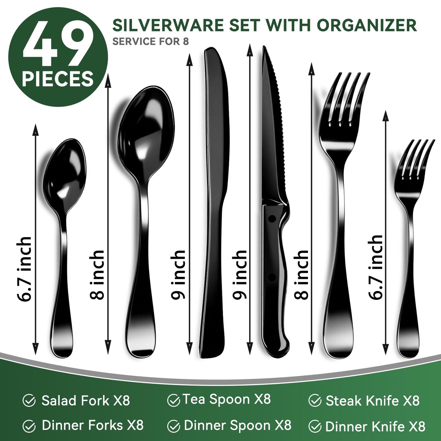 JUNLIN 49 Pieces Black Silverware Set with Steak Knives, Stainless Steel Silverware with Organizer Flatware Utensils Set for 8, Forks and Spoons Silverware Set Cutlery Set