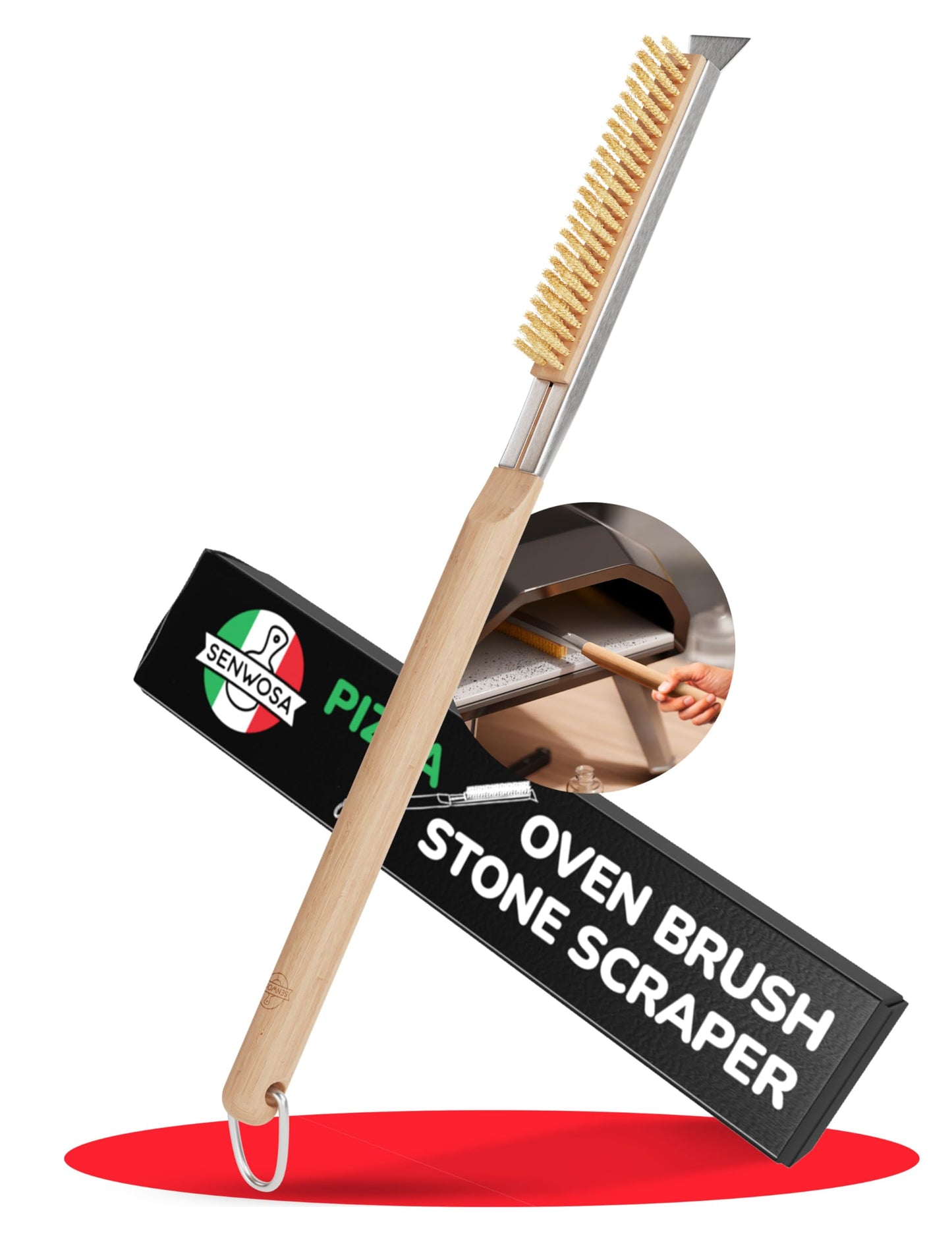 Senwosa 22” Pizza Oven Brush with Stone Scraper - Heat Resistant Stainless Steel Bristles, Long Handle - Compatible with Ooni, Gozney & Similar Ovens