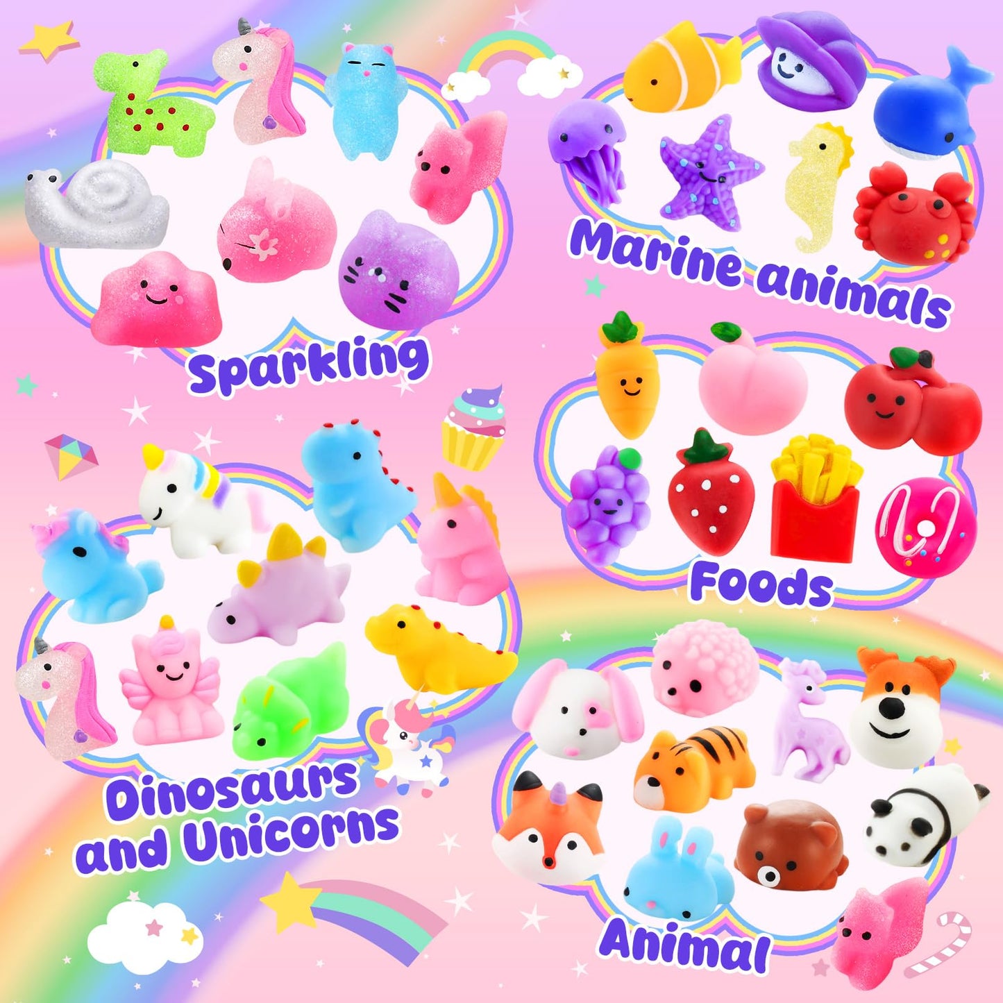 Zefy 80 Pcs Mochi Squishy Toys with Cards, Squishy Fidget Toys Valentine Party Favors for Kids 4-12, Classroom Prizes Treasure Box for Pinata Stuffers Goodie Bags Easter Basket Birthday Gifts