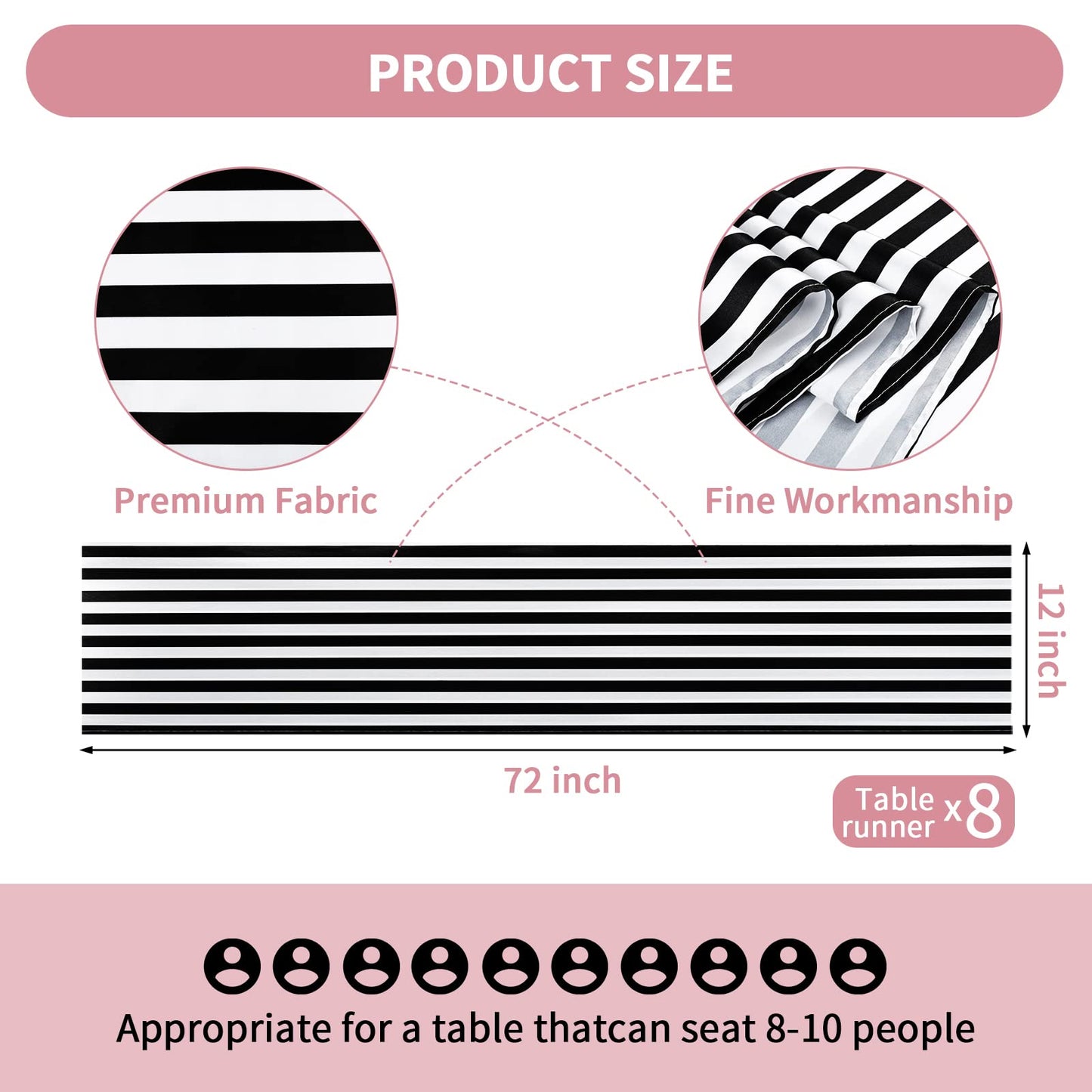 Lykoow 8 Pack Striped Table Runner Polyester Classic Black and White Striped Table Decor for Indoor Outdoor Events, Wedding, Birthday Parties, Banquets and Celebrations (12 x 72 Inch)