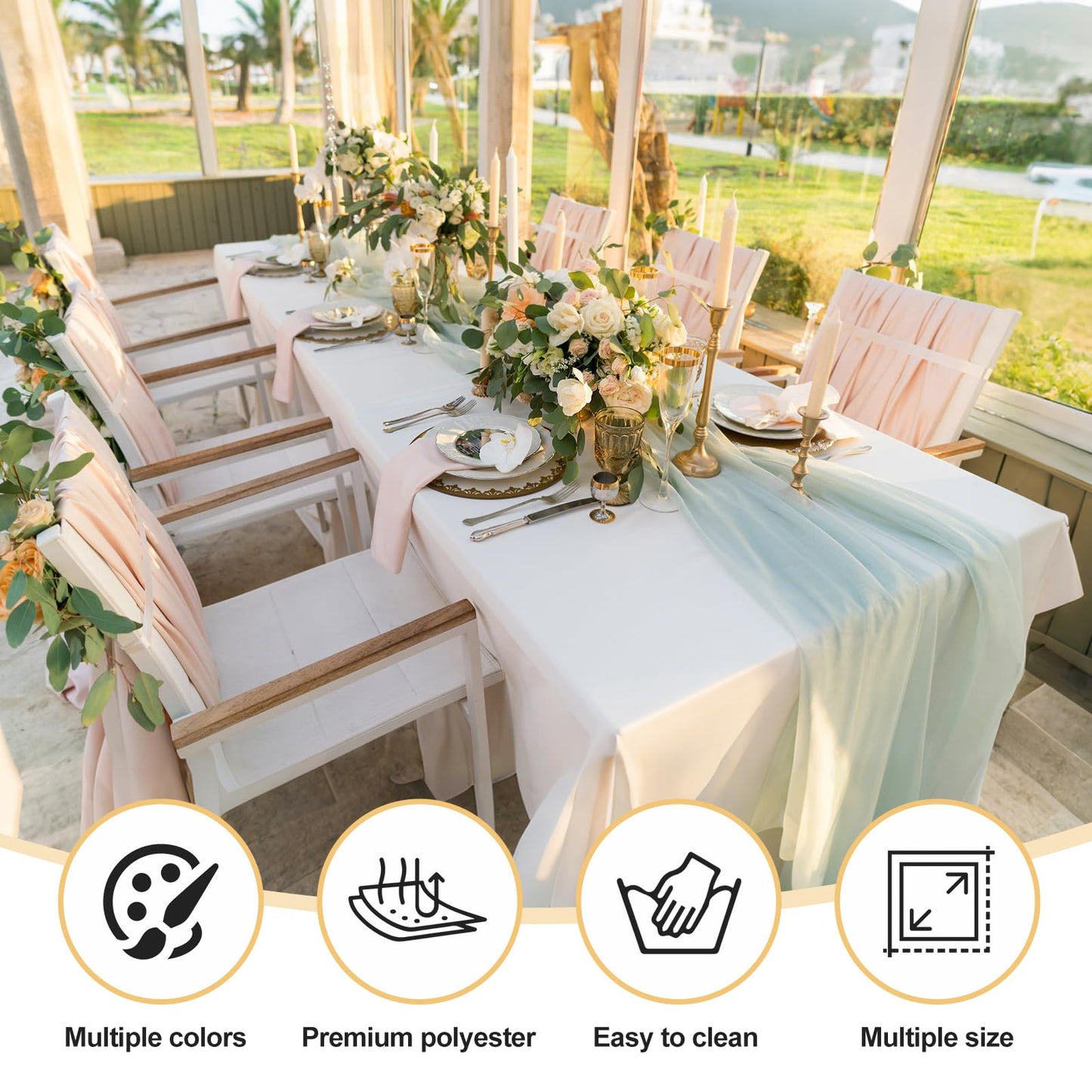 6 Pack 70x120-In Rect Light Beige Tablecloths-Reusable Polyester Table Covers – Protect from Spills (Not Waterproof) – for Weddings, Banquets, Parties – Ships Folded, Wrinkles Likely, Steam Before Use