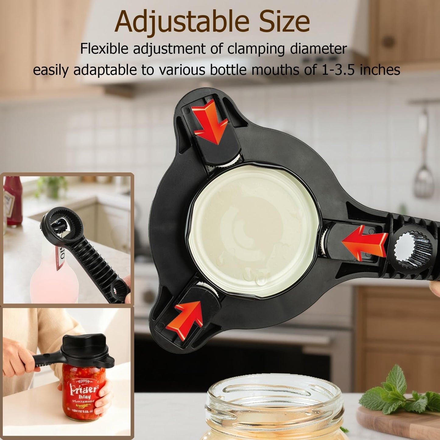 Ruydiwale 4-in-1 Jar Opener, Adjustable Jar Opener for Seniors, Kitchen Tool Designed Specifically for Seniors and Those with Limited Physical Strength, Suitable For Beer, Salad Dressing, Jar (Black)