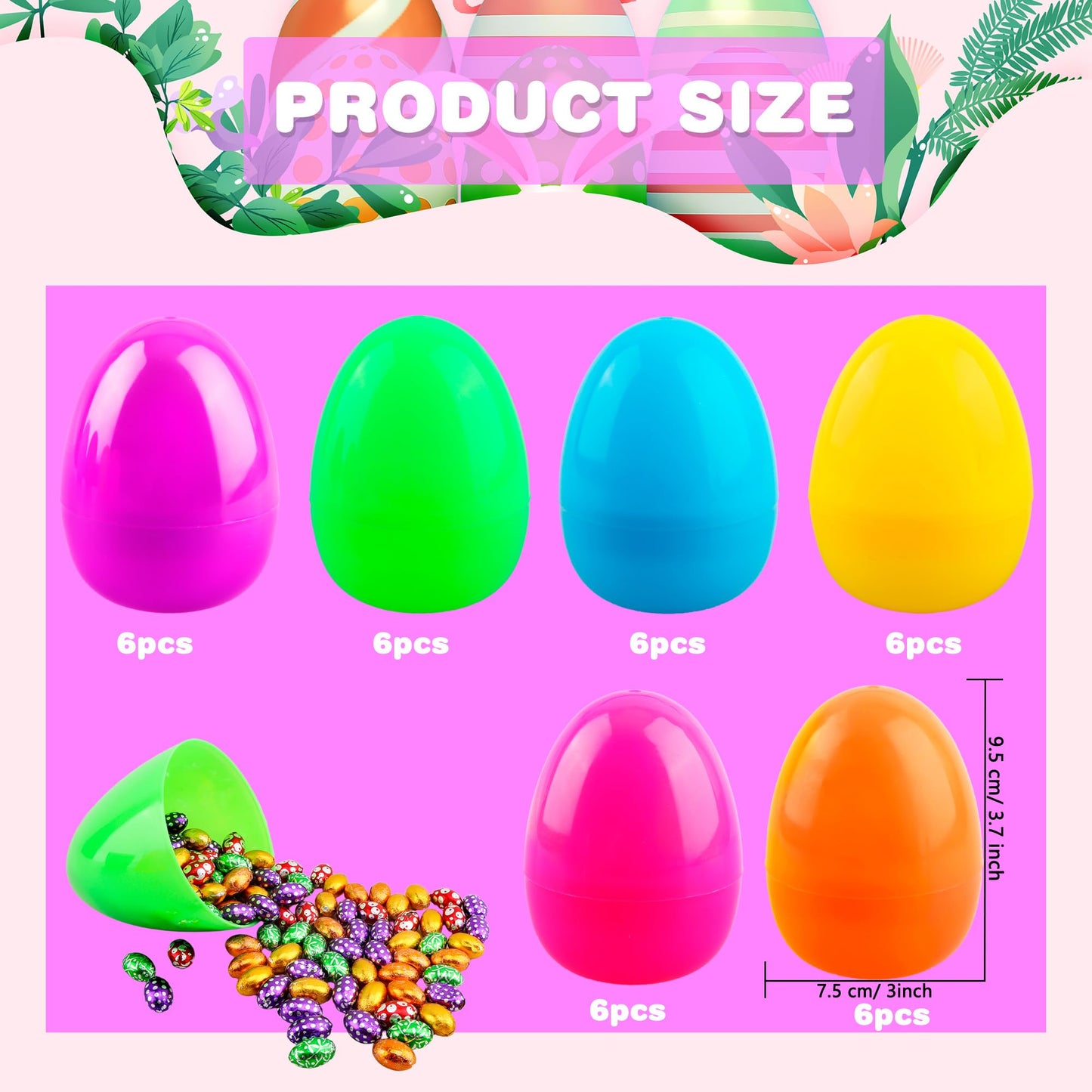 4 Inch Plastic Fillable Easter Eggs 36/54/ 66/78 pcs Large Colorful Easter Egg Big Flat Bottom Eggs Bulk for Easter Basket Fillers Egg Hunt Party Supplies (36 Pcs (6 Color) - Flat Bottom (4 Inch))