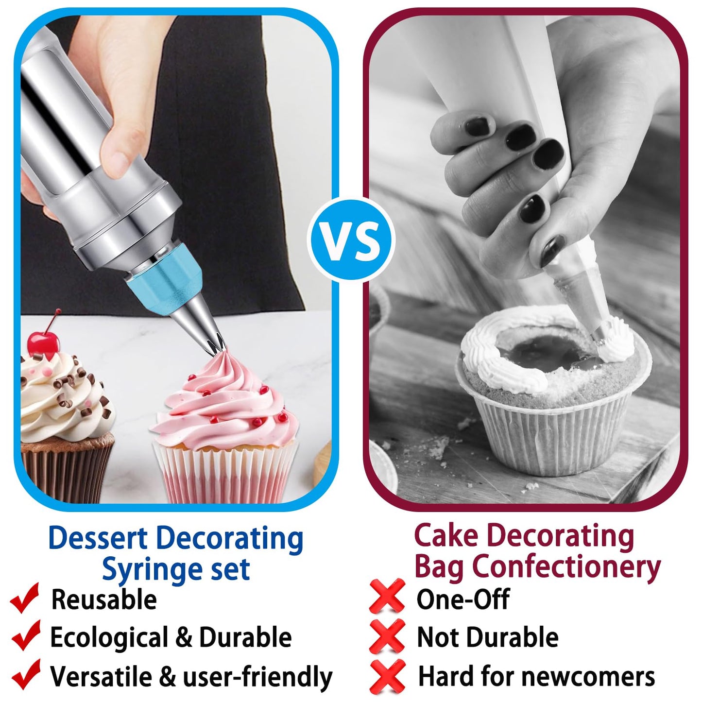 Novano Dessert Decorating Syringe Set, Frosting Piping Kit Stainless Steels Cake Decorating Kit with 6 Piping Tips & 9 silicone cupcakes, Cupcake Decorating Kit Piping Bags and Tips Set