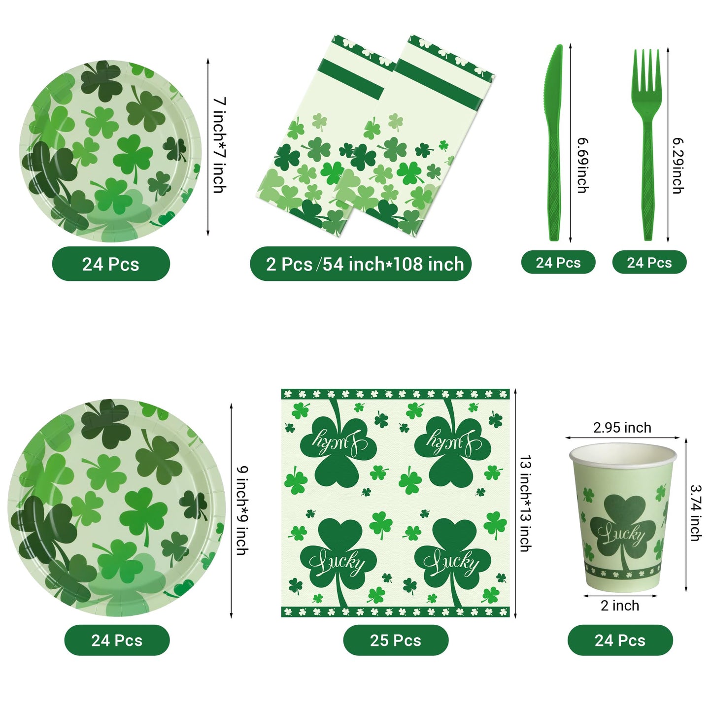 Childom St Patricks Day Party Supplies Decorations,147 Pcs Disposable St Patricks Day Tableware Set with Green Plastic Tablecloth Knives Fork,Paper Plates Napkin Cups for St Patrick's Day Decorations