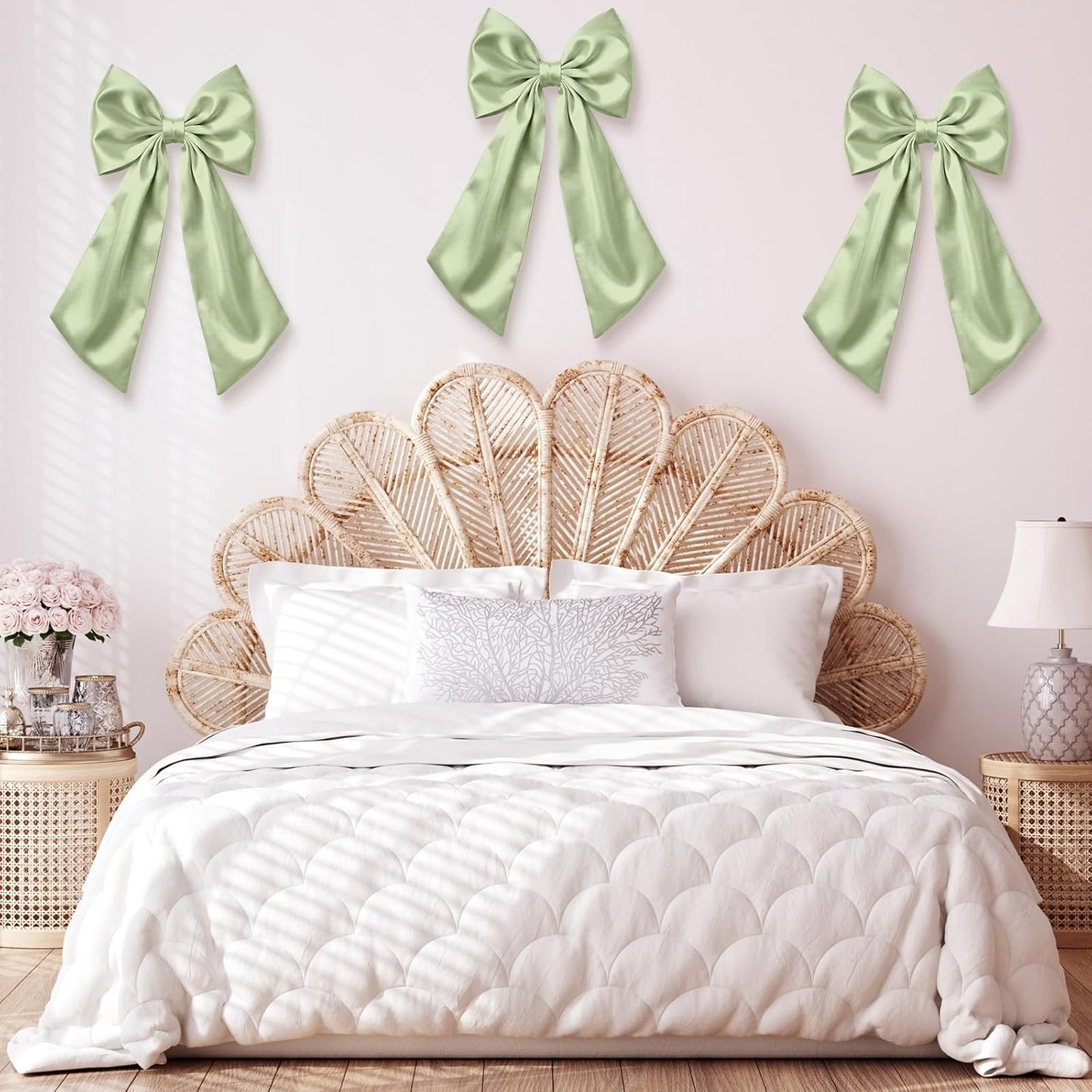 Suncalla Large Sage Green Satin Bow Decorations - 3 Pcs | 2 FT Hanging Wall Decor for Weddings & Parties