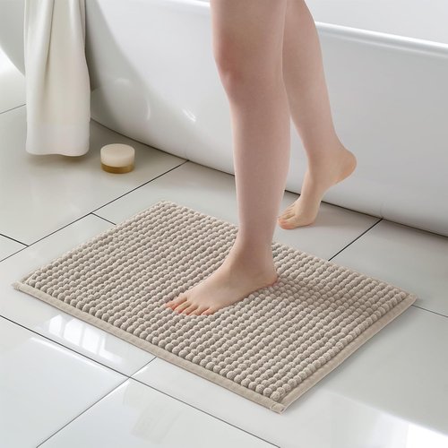 FRESHMINT Thick Chunky Chenille Bathroom Rug - Non-Slip, Soft & Water Absorbent | 17"x24", Beige