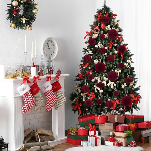 Celltestria Velvet Christmas Balls - 28PCS Flocked Shatterproof Burgundy Ornaments for Holiday Decor