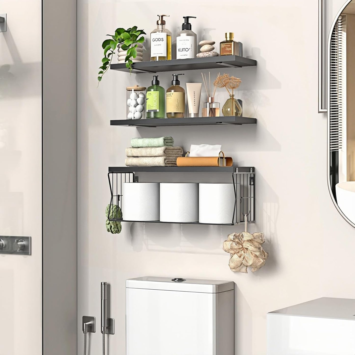 Regine Switzerland Floating Bathroom Shelves - Set of 3 Wall-Mounted Wooden Shelves for Modern Decor | Ideal Over-Toilet Storage in Black