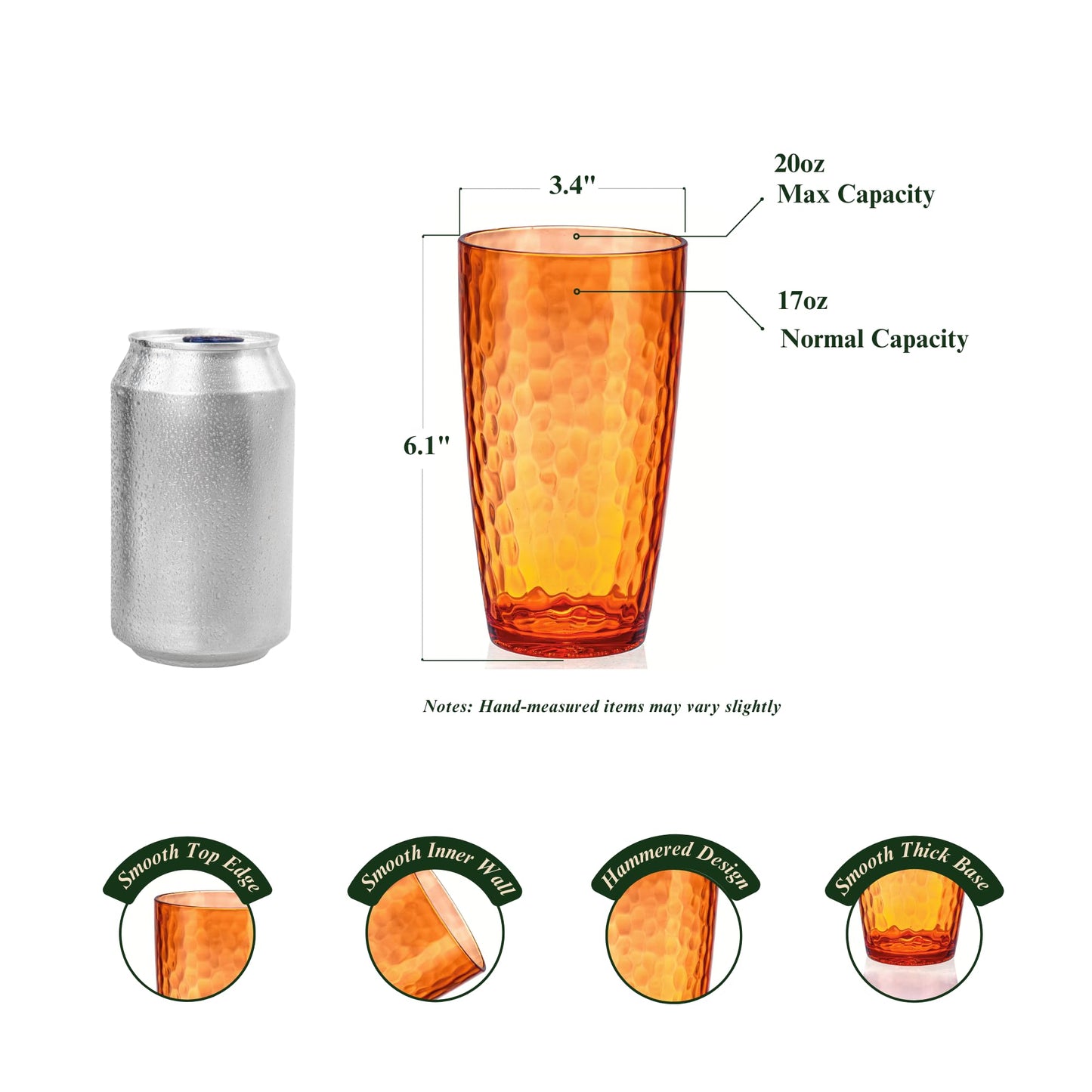 MIYOPESI 20oz Coloful Acrylic Glasses Drinkware (Set of 6), Hammered Design Shatter-Proof Plastic Cups, Reusable Plastic Large Drinking Tumblers, Stackable, BPA-Free, Dishwasher-Safe