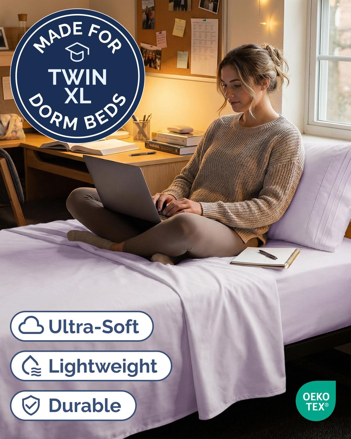 Skiennix Twin XL Sheet Set - Comfy Cooling 3-Piece Bedding - Deep Pocket, Wrinkle-Free - Light Lavender