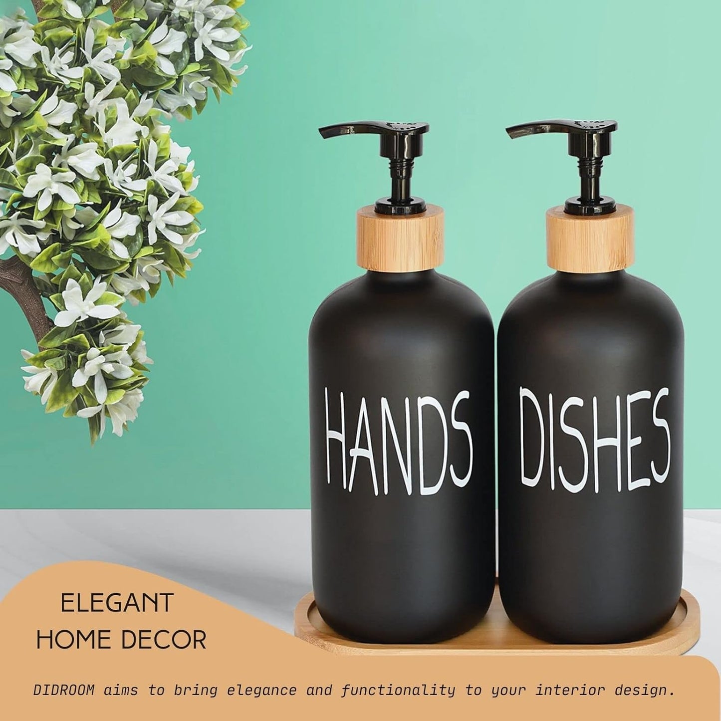 Skiennix Glass Soap Dispenser Set - Vintage Pump with Bamboo Tray for Kitchen & Bathroom | Matte Black
