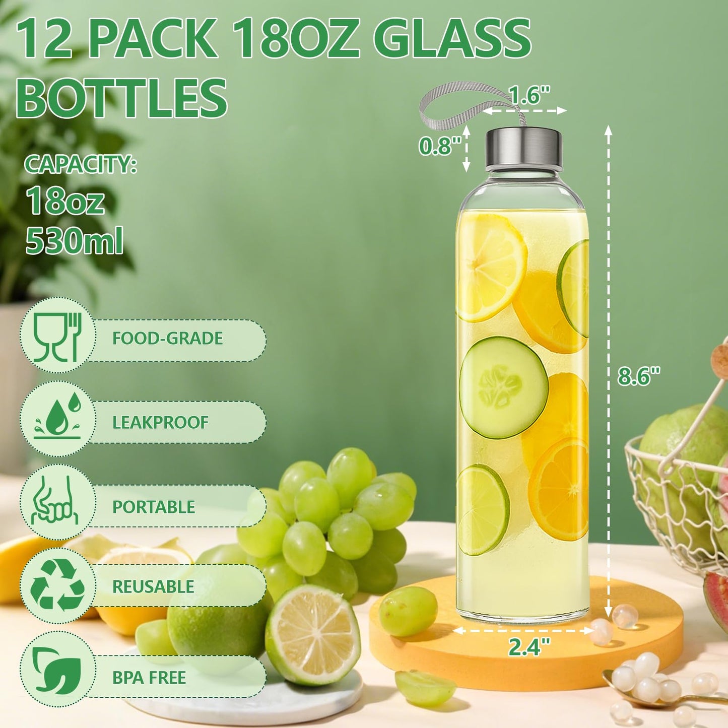 UPBUD 12 Pack 18oz Glass Bottles with Lids Carry Strap for Juicing, Reusable Clear Glass Water Bottle with Stainless Steel Airtight Cap for Refrigerator, 100% Leak Proof, BPA Free Drinking Jar