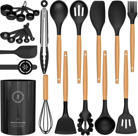 Silicone Cooking Utensils Set - AVGPD Silicone Kitchen Utensils for Cooking Wooden Handles, 446°F Heat Resistant Kitchen Utensil Spatula Sets, Gadgets for Non-Stick Cookware BPA FREE (Black)