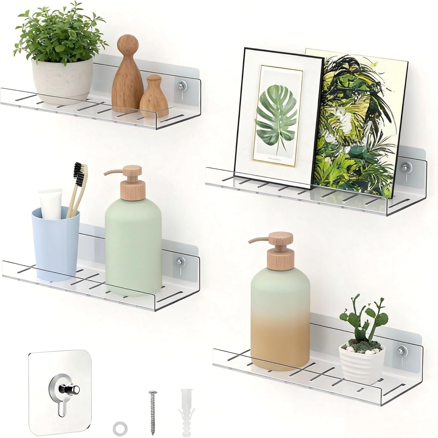 LAZYROSY Floating Shelves - Clear Acrylic Wall-Mounted No Drill Storage | 4 Pack for Bathroom, Kitchen & Living Room