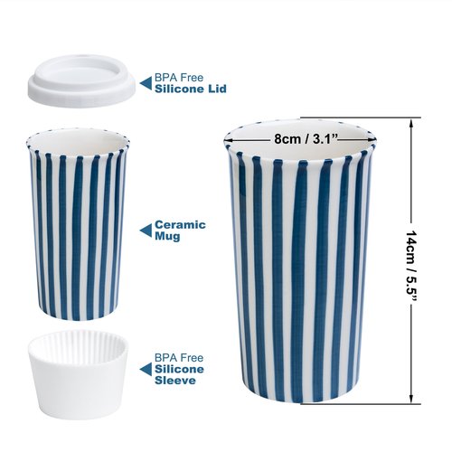 GIROFLIER Ceramic Travel Mug with Lid (12 oz) – Cute Aesthetic Coffee Cup for Women & Men, Microwave & Dishwasher Safe, Spill-Resistant To Go Tumbler, Fits Car Cup Holder (Blue)