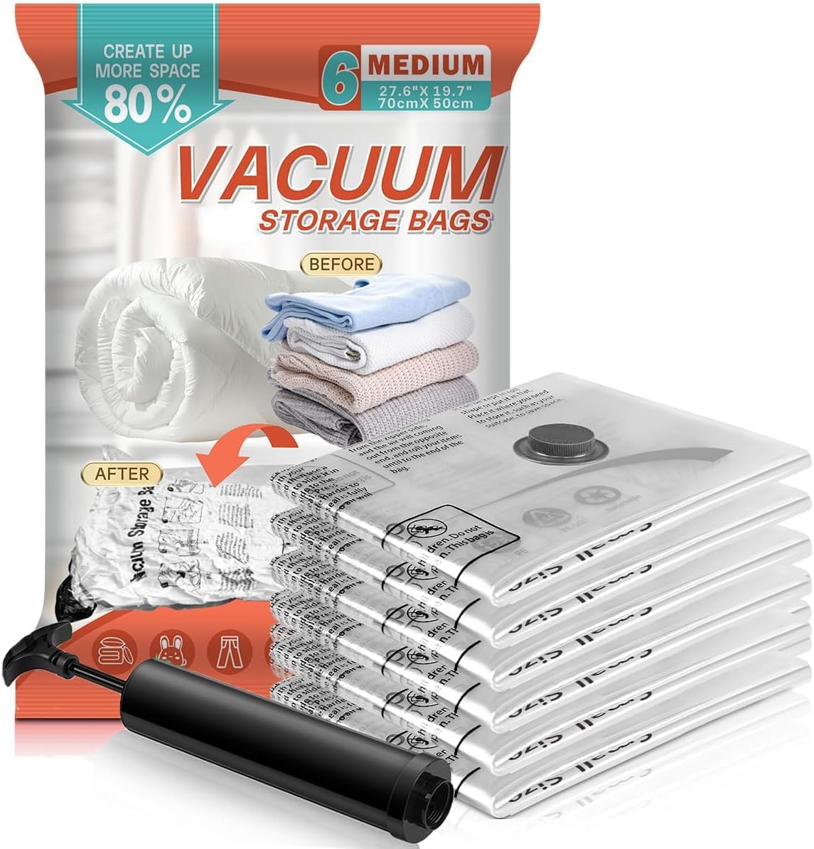 Skiennix Vacuum Storage Bags - Space Saver for Comforters & Blankets | 6 Medium Compression Bags with Hand Pump