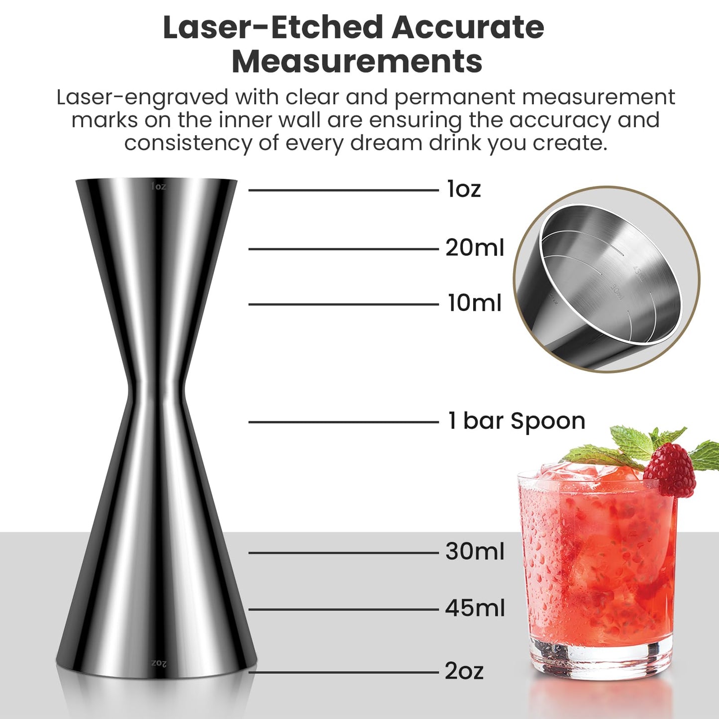 Professional Bartender Jigger, Thickened 18/8 Stainless Steel Japanese Style Double Jigger with Laser Etched Measurements, No Curled Lip Design,for Home & Bar Use (1oz/2oz, 10ml/20ml/30ml/45ml)