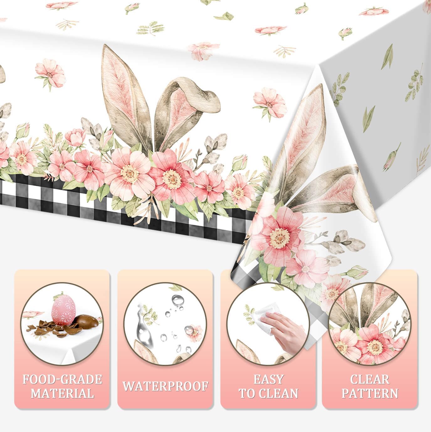 Vanulus 3PCS Spring Bunny Buffalo Plaid Tablecloth Disposable Waterproof Rectangular Bunny Ear Foot Flower Easter Plastic Table Cloth for Happy Easter Party Decorations Supplies 54x108 inch