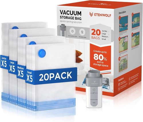 ETENWOLF Vacuum Storage Bags - 20 Pack with Rechargeable Wireless Pump | Space Saver for Clothes & Travel