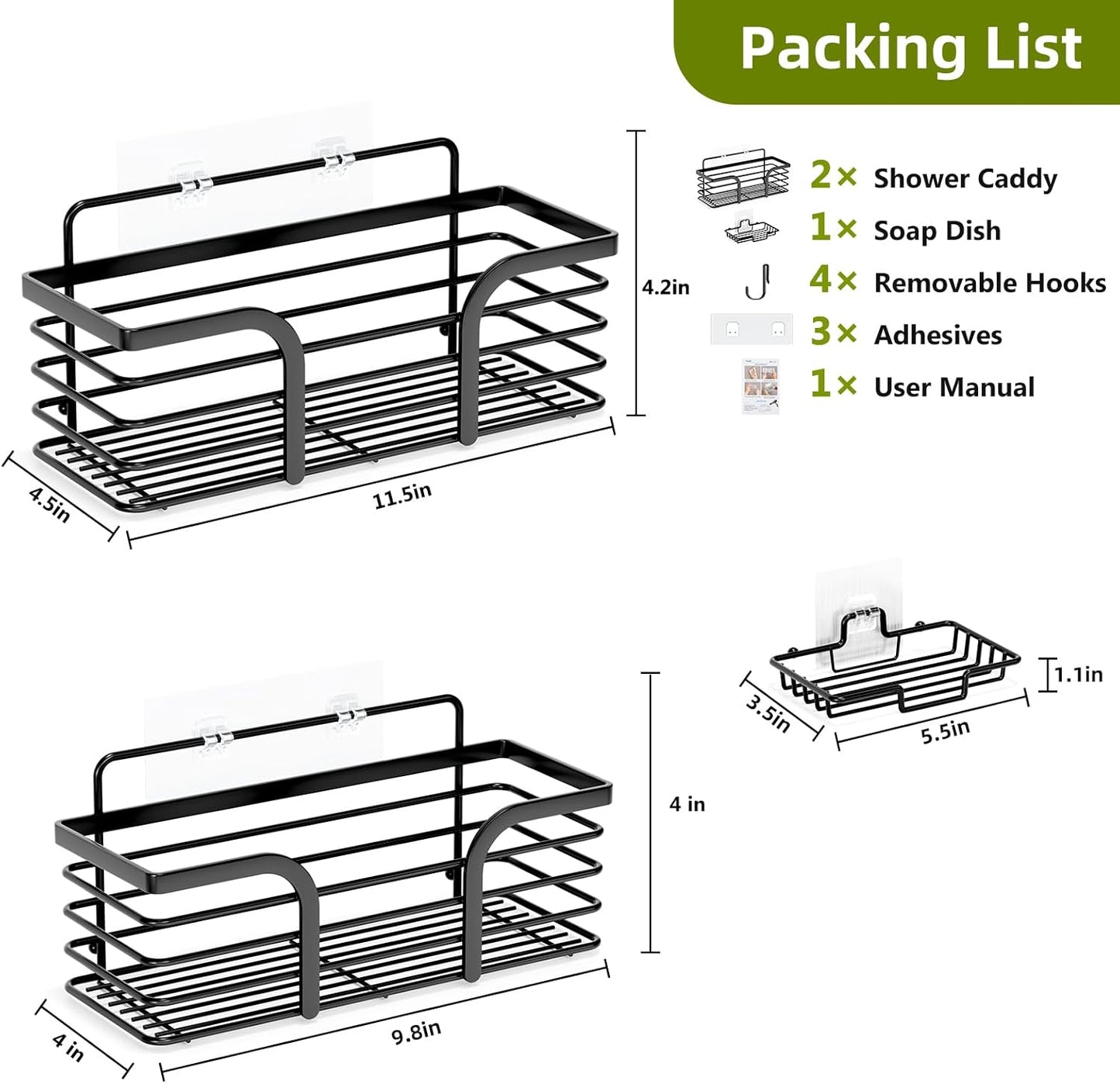 Yougai Shower Caddy - Rustproof Wall-Mounted Shower Organizer with Soap Holder & Hooks | Black