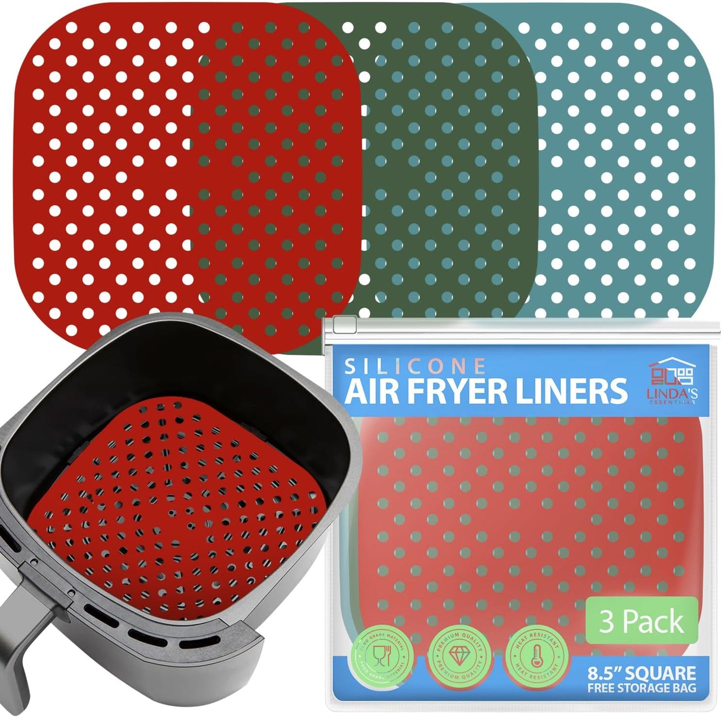 Linda’s Essentials Reusable Square Silicone Air Fryer Liners - Non-Stick, Easy-Clean | 8.5 Inch, 3 Pack with Cheat Sheet & Recipe Book