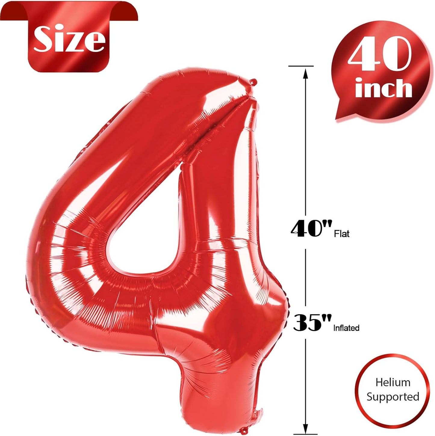 Number 4 Balloon - 40 Inch Red Foil Balloon for 4th Birthday Party Decorations