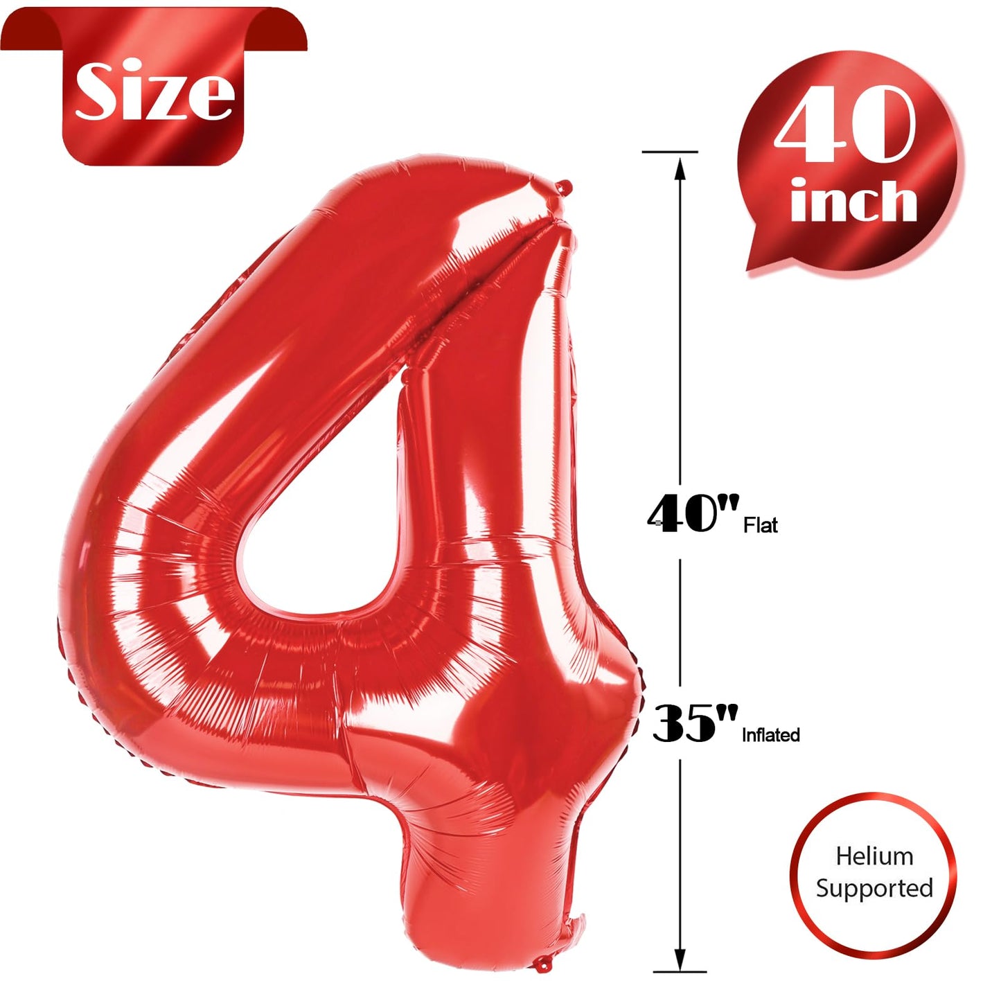 Red Number 4 Balloon 40 Inch, 4th Birthday Party Decorations for Children, Giant 4 Foil Balloon for Party Supplies