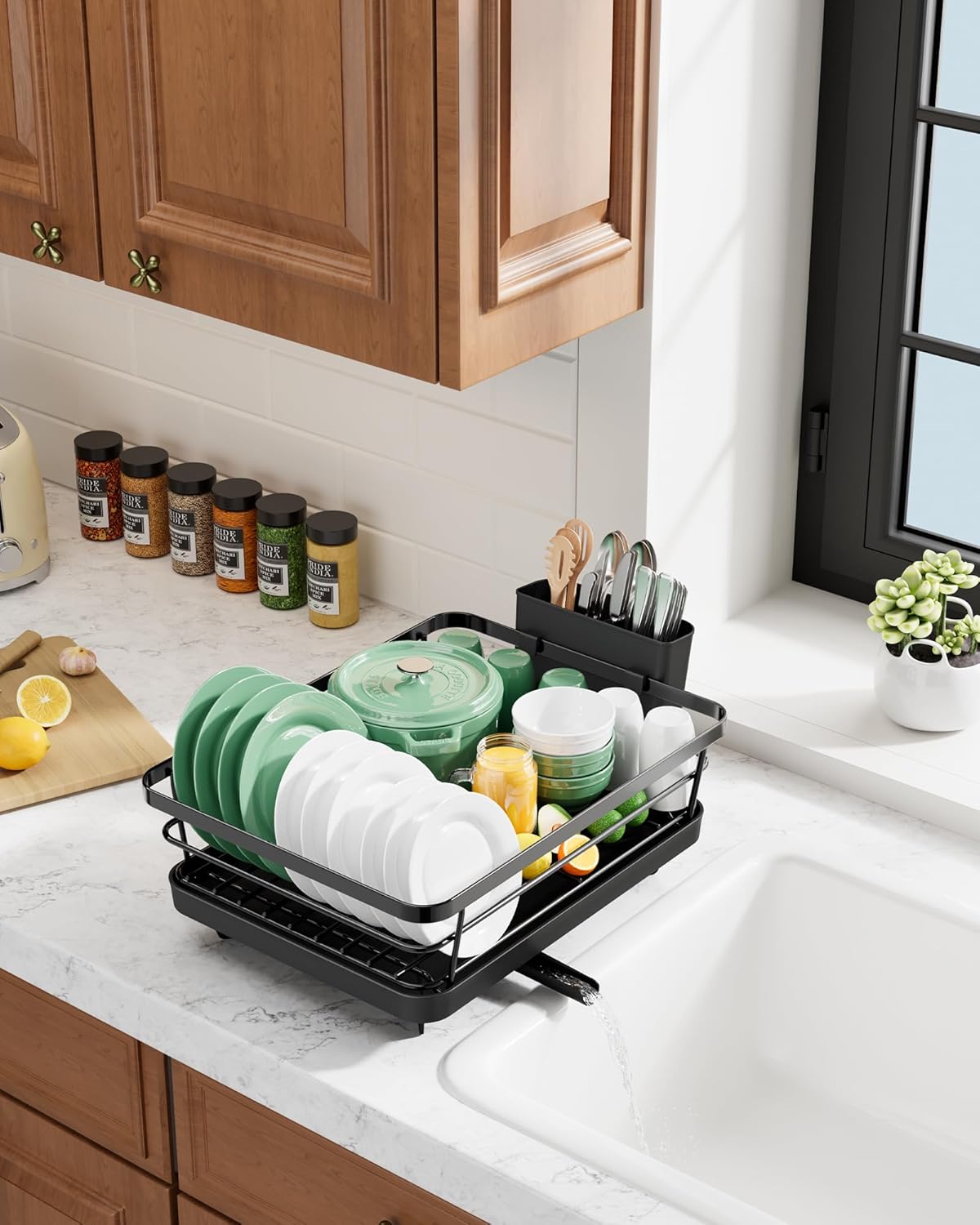 Kitsure Dish Drying Rack - Stainless Steel Kitchen Sink Organizer with Cutlery Holder | 12"W x 15.5"L, Black
