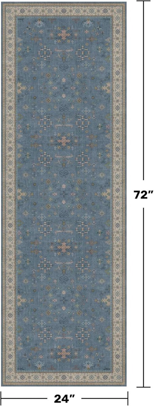 Hazo Haus Boho Kitchen Rug Runner - Light Blue Non-Slip Floral Design | Washable 2x6 for Bathroom & Hallway
