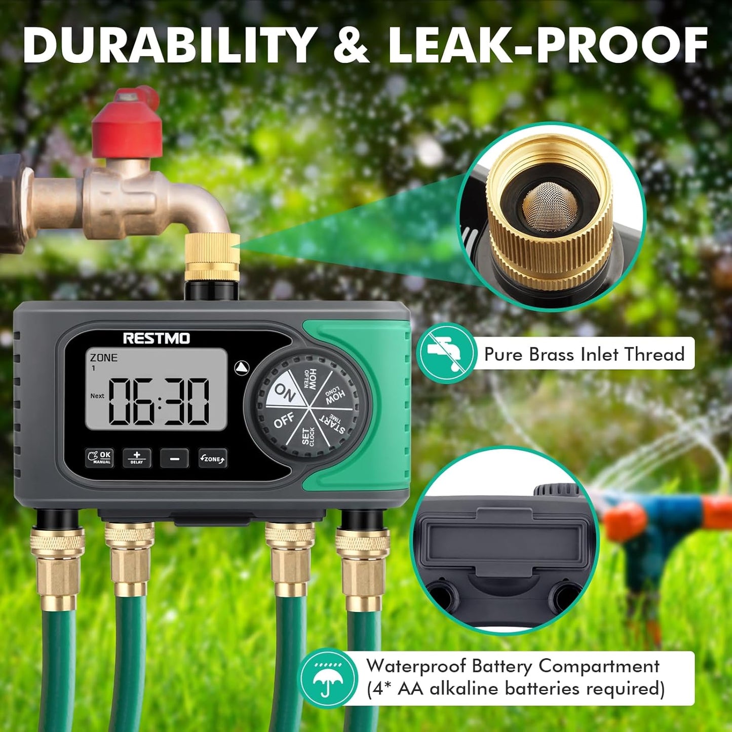 RESTMO 4-Outlet Sprinkler Timer - Programmable Digital Water Timer for Garden Hose | Brass Inlet, Rain Delay