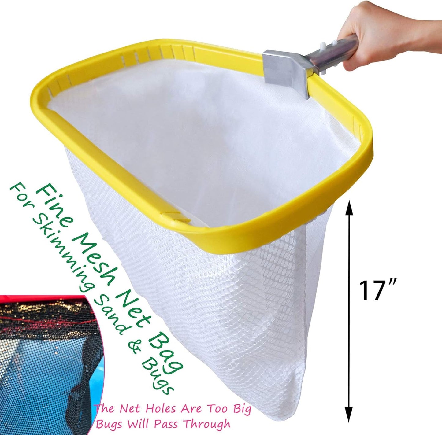 Skiennix Professional Pool Net - Heavy Duty Skimmer Rake with Aluminum Frame | 19.5-Inch Fine Mesh Bag for Leaf & Silt Cleanup