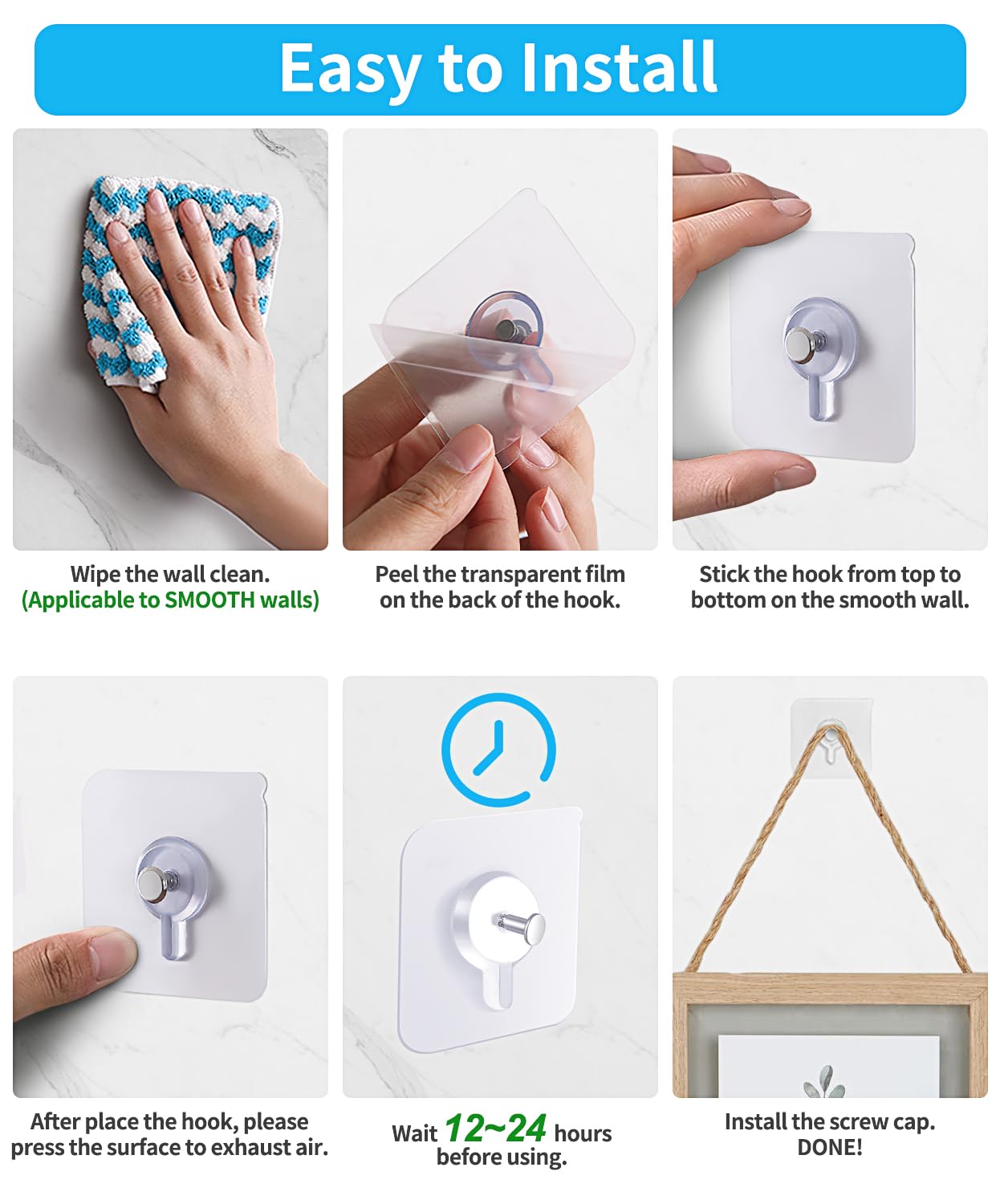 YOGEERNIC Adhesive Hooks for Wall(13lb Max), Wall Hangers Without Nails for Photos Frames, Utility Waterproof and Oil Resistant Hooks for Kitchen, Bathroom, Home and Office -10 Pack