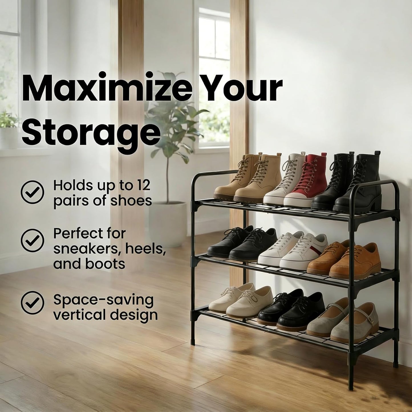 3-Tler Shoe Rack Organizer - Rustproof Iron Shoe Storage Shelf for Closet or Entryway | Fits Sneakers & Slippers, Black