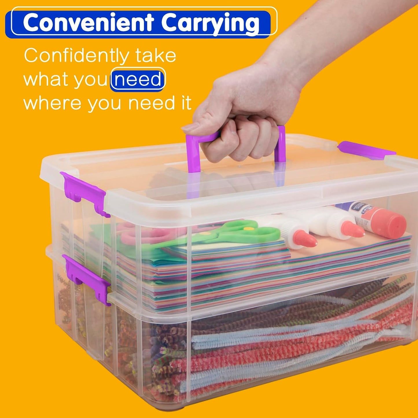 TERGOO Clear Plastic Storage Containers - 2 Layer Stackable Craft Organizer Box | Portable for Art, Sewing & Makeup (Purple)