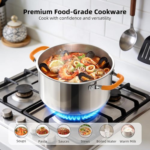 Ciwete Stainless Steel Stock Pot - 5.2 Quart Heavy-Duty Induction Cooking Pot with Lid | Even Heating, Dishwasher Safe