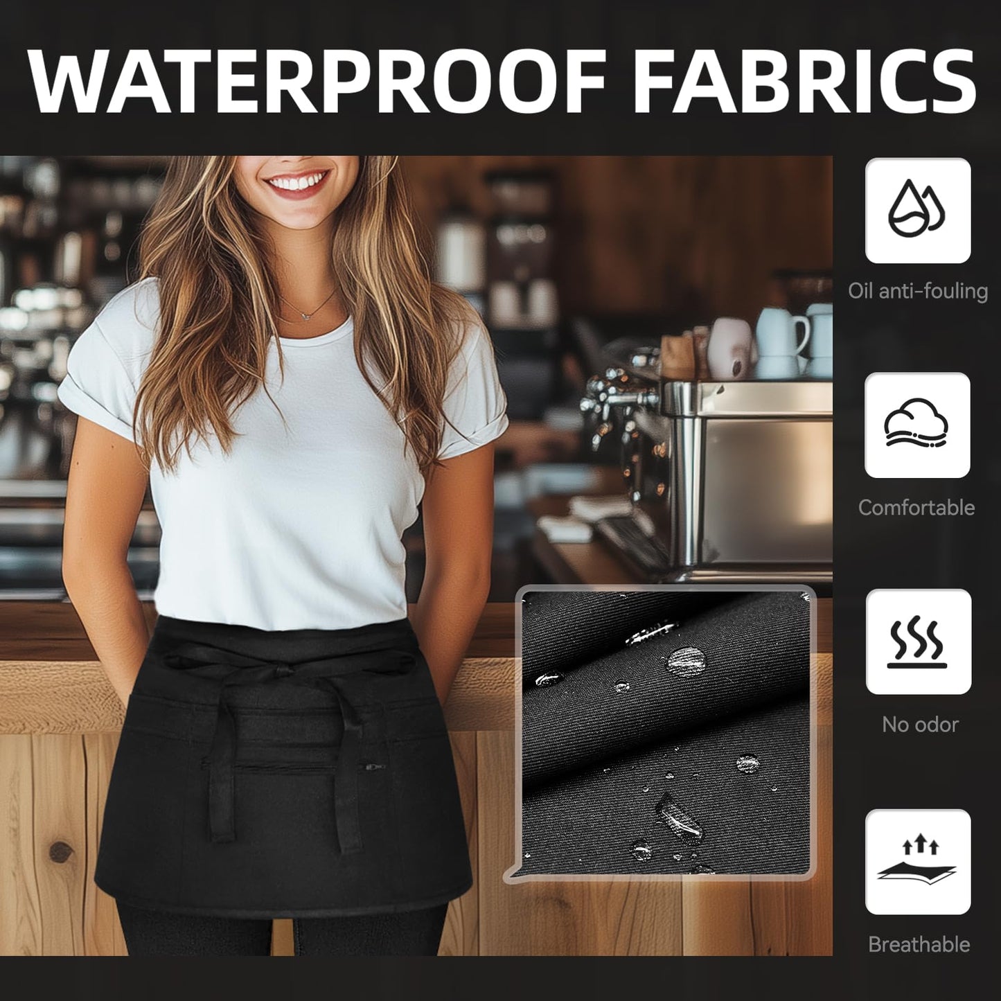 NLUS 2 Pack Server Apron with 8 Pockets, Water-Resistant Waiter Waitress Waist Half Apron for Women Men, 12 x 24 Inch - Black