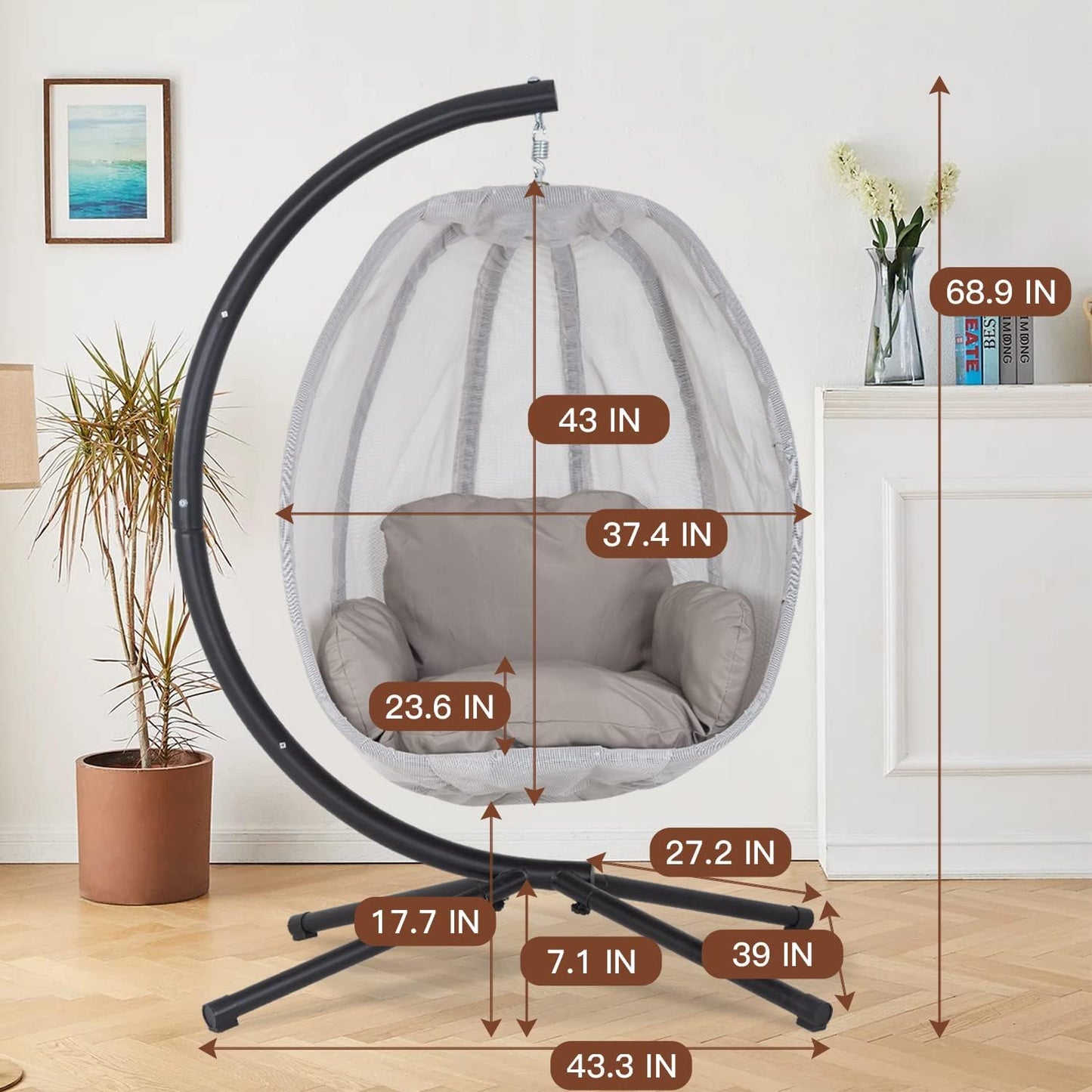 Skiennix Swing Egg Chair - Comfortable Hammock Chair with Metal Stand & Cushion - Gray, 400LBS Capacity
