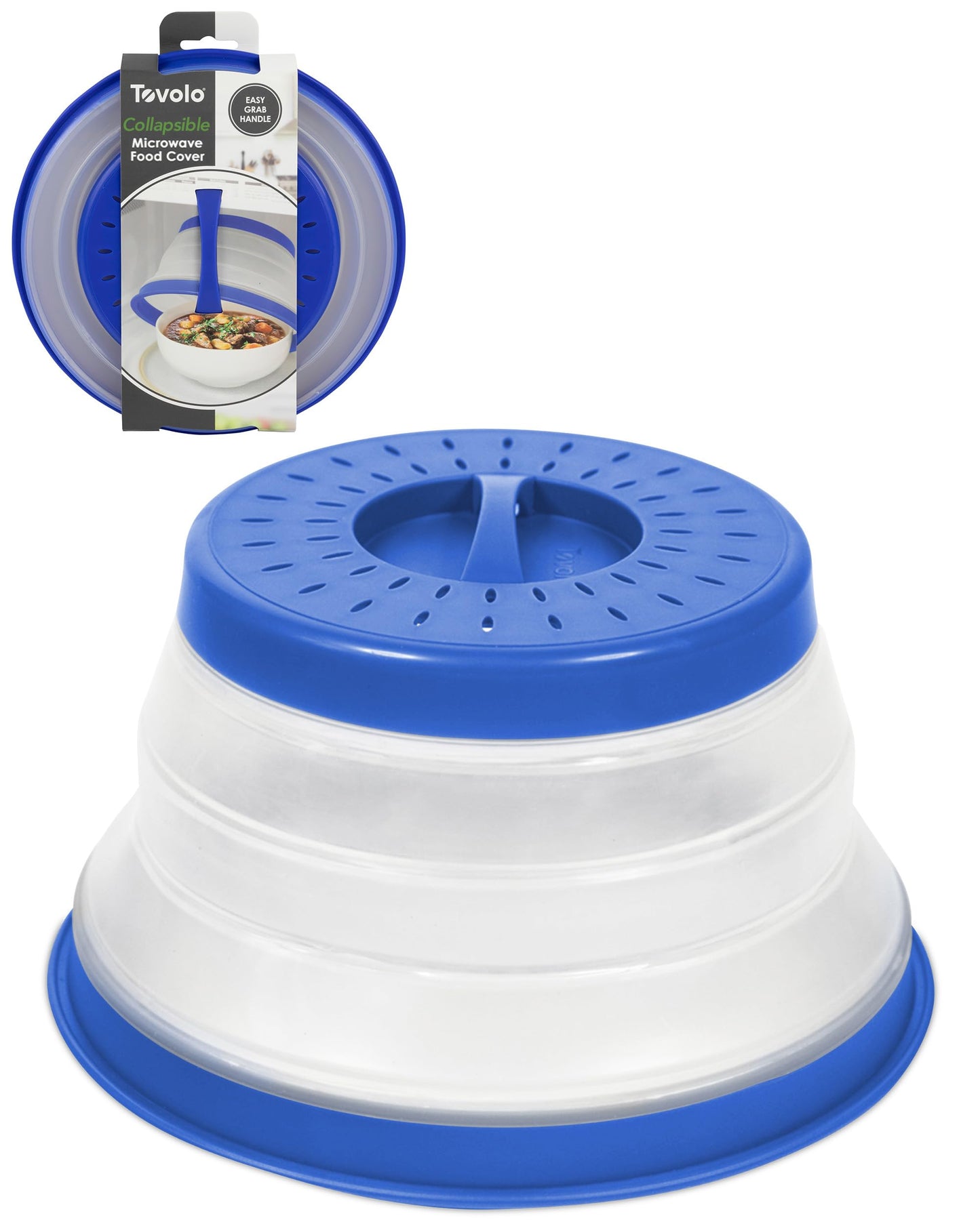 Tovolo Microwave Splatter Cover for Food, Medium (Blue) - Collapsible and Vented Silicone Splatter Guard Lid - Microwave Plate and Dish Cover with Handle - BPA-Free Kitchen Gadget for Meal Prep