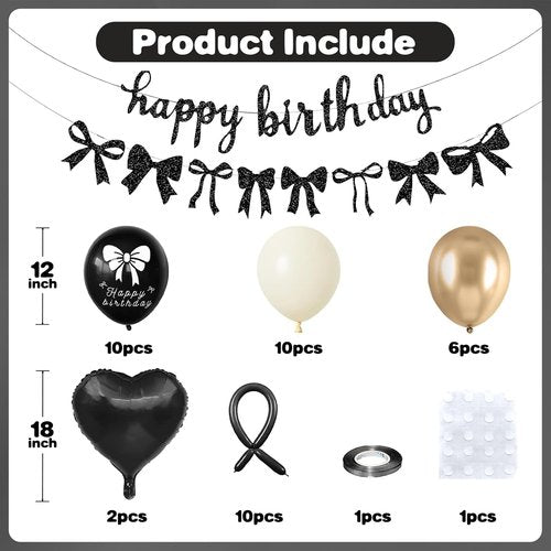 Bow Coquette Party Decorations - Happy Birthday Banner & Black Gold Bow Balloons | Heart Foil Balloons for Girls