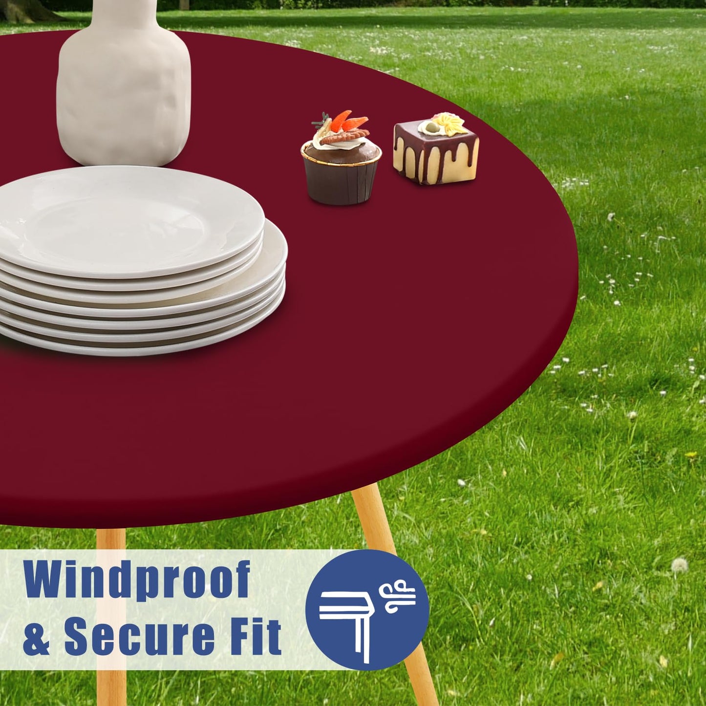 Moosfor Round Spandex Tablecloth, Elastic Fitted Waterproof Tablecloths for 18"-24" Tables, Stretch Washable Picnic Table Cover for Camping, Dining, Indoor and Outdoor, Wine Red