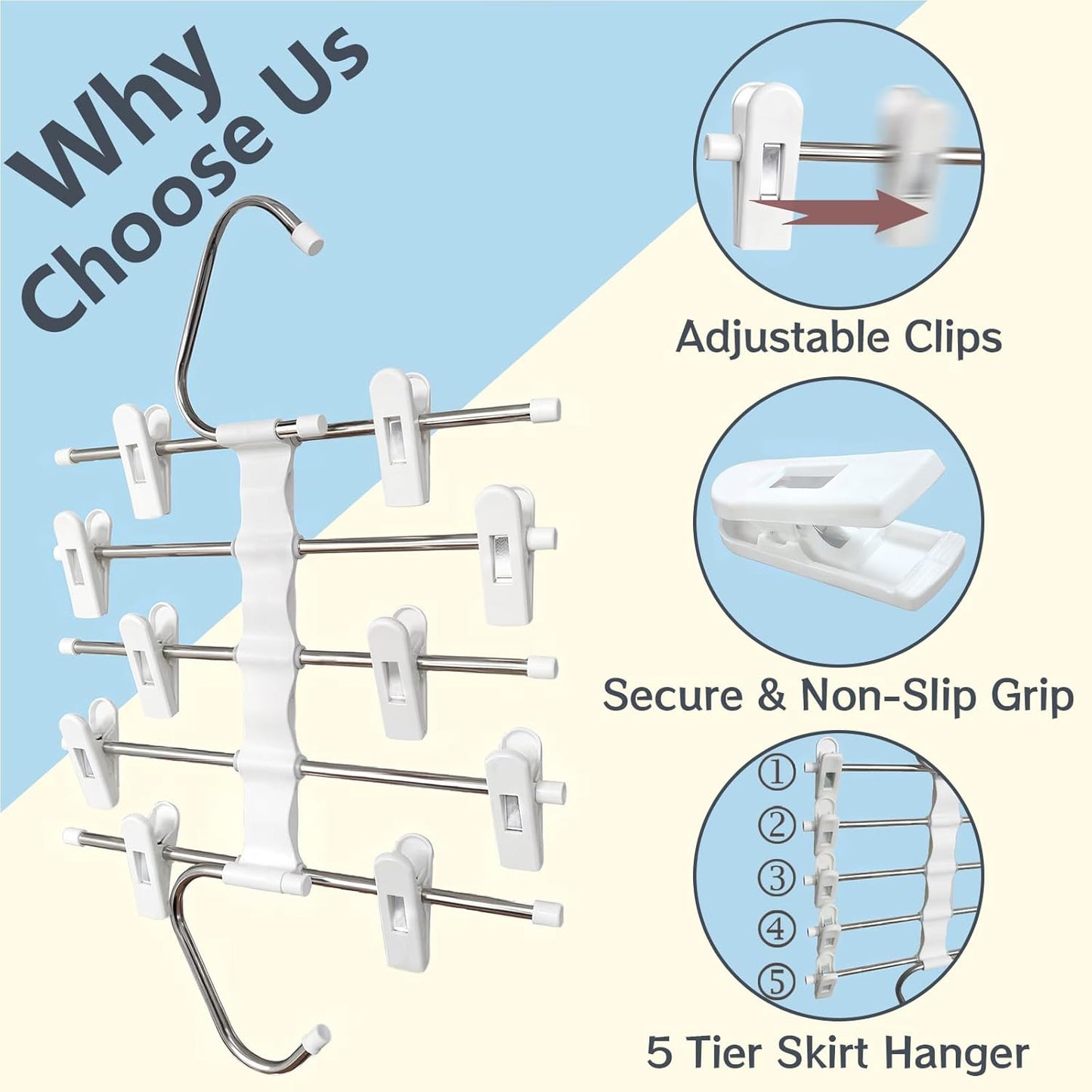 Skiennix Skirt Hangers - Space-Saving Metal Clips for Shorts, Skirts & Pants - 2 Pack Closet Organizer