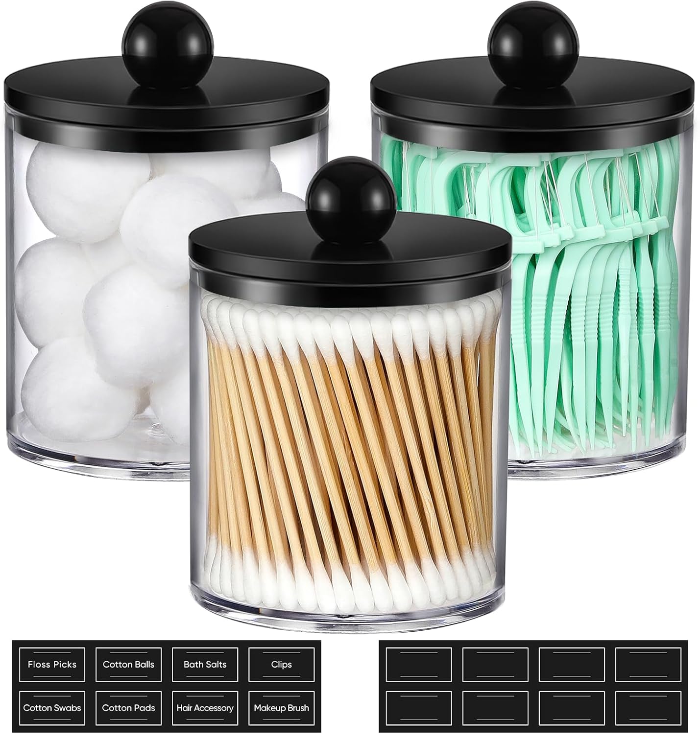 Skiennix Acrylic Qtip Holder Dispenser - 3 Pack Cotton Swab Storage Canisters | Clear & Black Bathroom Decor