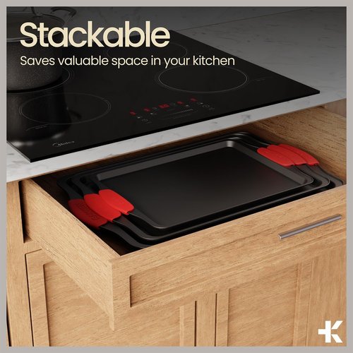 Bakken 10-Piece Baking Set | Deluxe Non-Stick Carbon Steel Bakeware with Red Silicone Handles